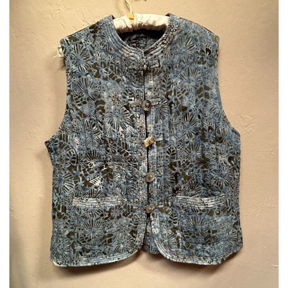 Frivolous by La Blend Womens XL Blue Rayon Floral Quilted Vest Packable Pockets
